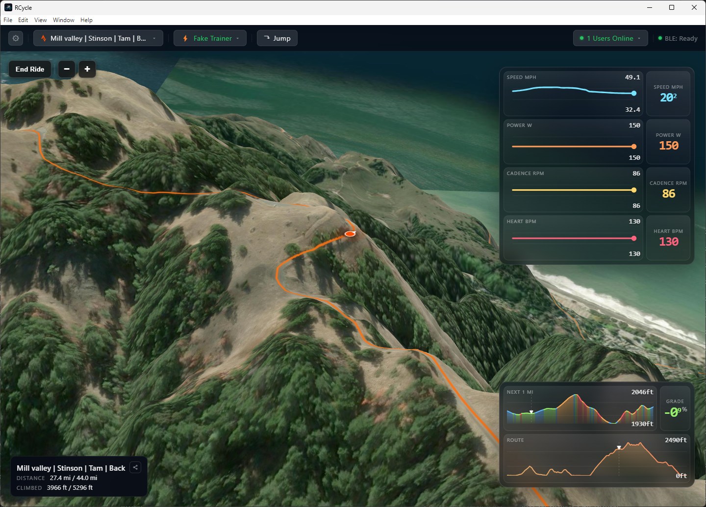 RCycle running a real route ride on the desktop