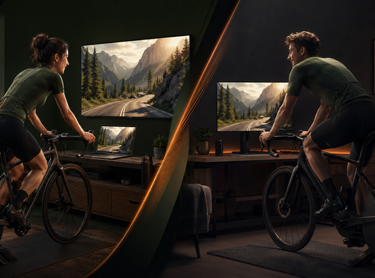 Two riders on smart trainers in split scenes, both riding the same terrain on their screens