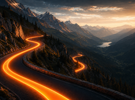 Epic mountainside road with switchbacks and an orange route line through the terrain