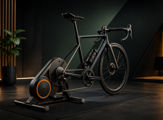 Road bike on a smart trainer shown from an off-angle view against a dark modern background